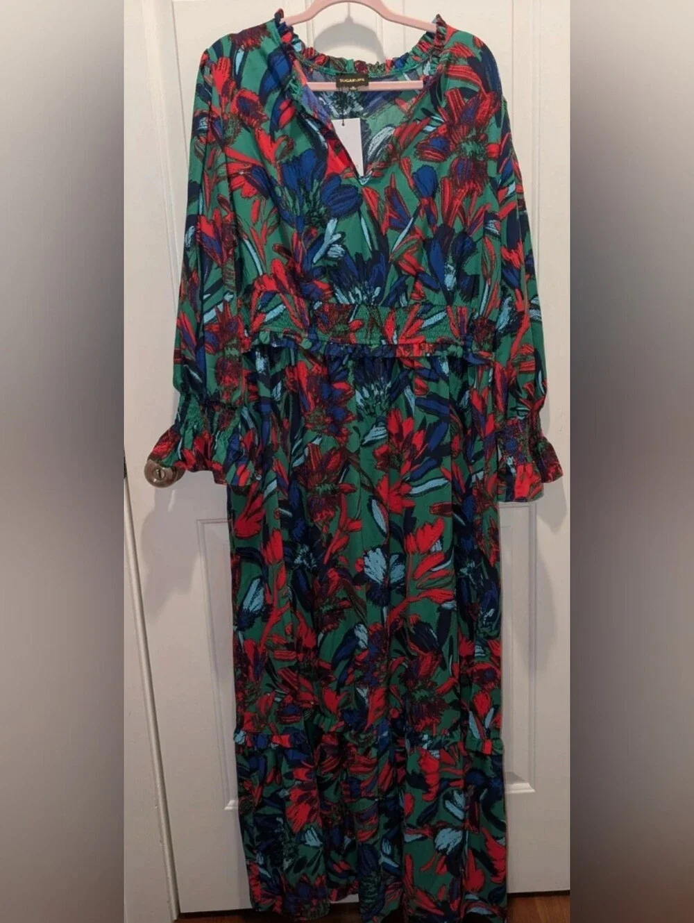 Sugarlips Green Floral Maxi Dress with Red & Blue Blooms